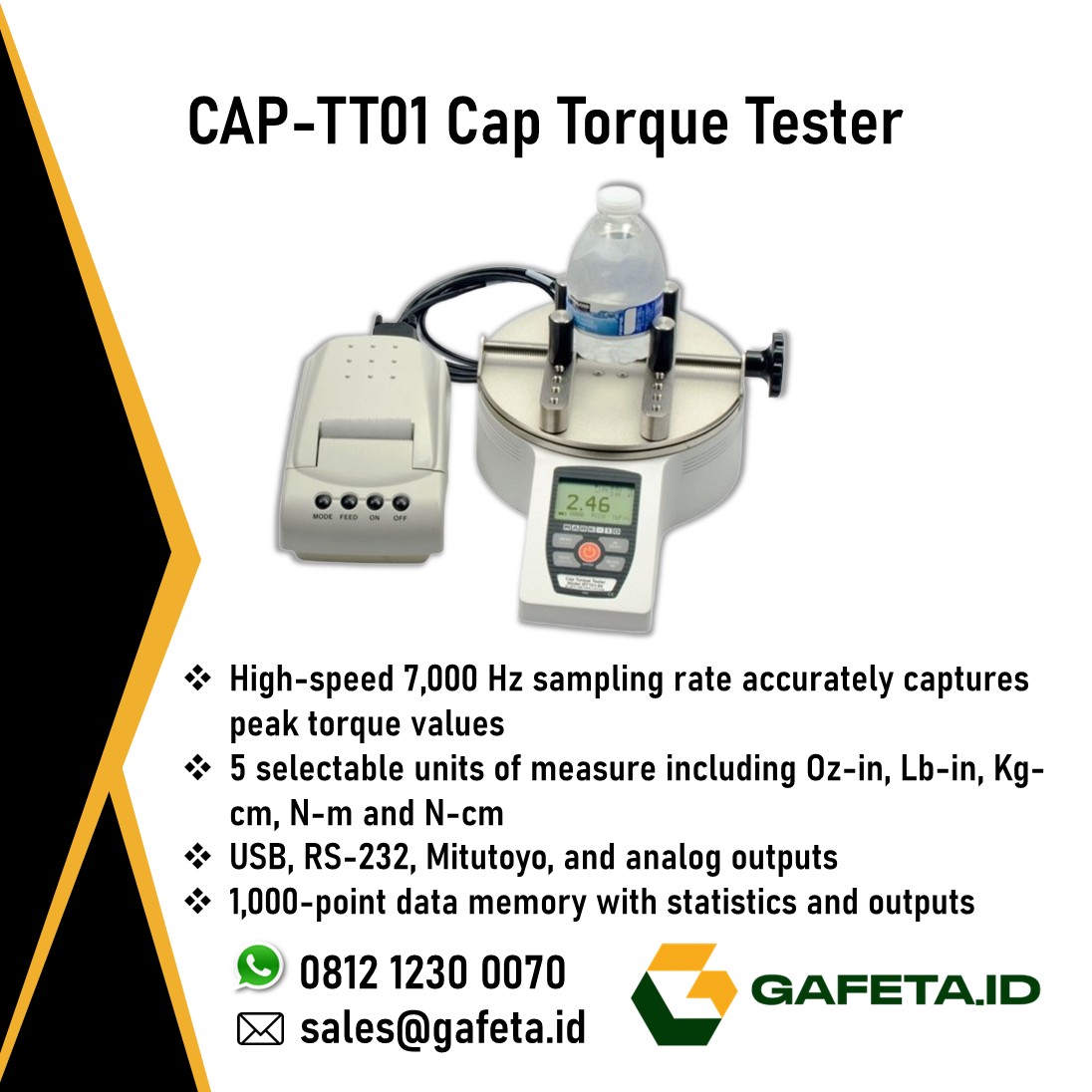 Tampilan alat Cap Torque Tester untuk uji torsi tutup botol.