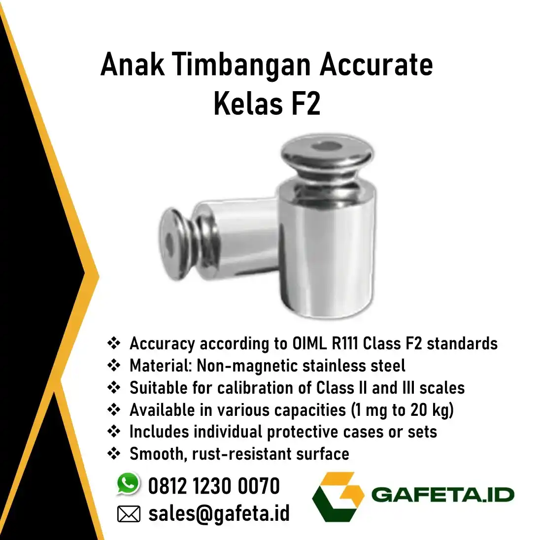 Gambar produk anak timbangan F2 Accurate ukuran miligram dan gram untuk kalibrasi dan farmasi dari gafeta.id