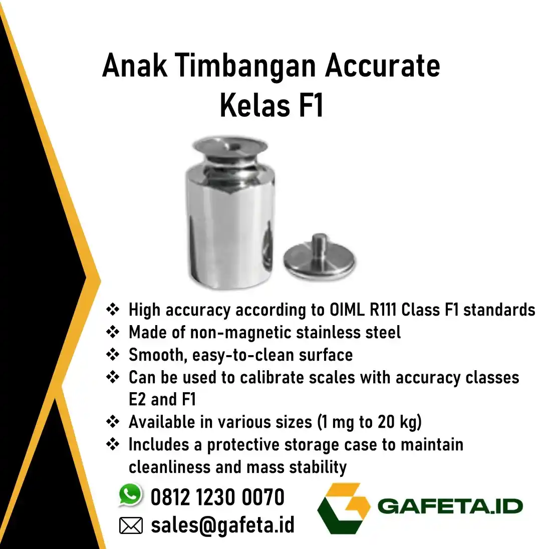 Foto produk anak timbangan brand Accurate ukuran miligram dan gram untuk farmasi dengan detail info produk dan kontak Gafeta.id